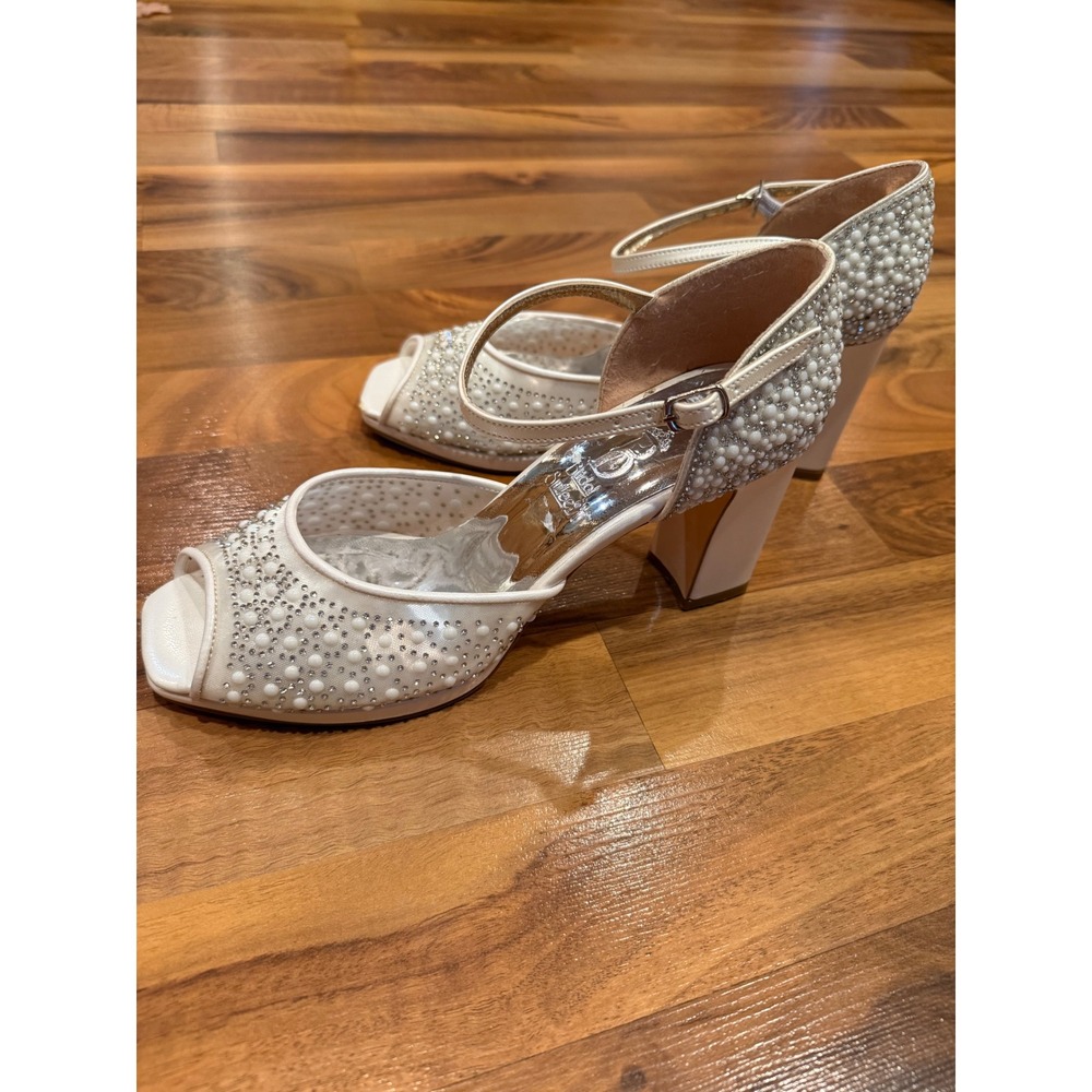 Bridal Smilee Block Heels Women 39 Ivory Pearl Rhinestone Peep Toe Strap Wedding